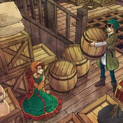  1boy 1girl barrel belt black_hair blue_pants boots brown_belt brown_boots brown_hair commentary_request crate dragon_quest dragon_quest_vii dress finger_to_mouth full_body green_hat green_jacket green_tunic hair_between_eyes hat headscarf hero_(dq7) highres holding_barrel jacket kneeling looking_at_another maribel_(dq7) nervous_smile open_mouth orange_headscarf pants red_dress sack shirt smile standing sweatdrop toriga tunic white_shirt wooden_floor 