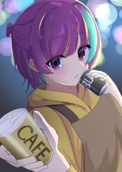  1girl absurdres apron aqua_streaks backlighting blunt_bangs breasts brown_apron can canned_coffee commentary_request drink_can dual_wielding eyes_visible_through_hair half_updo hands_up highres holding holding_can hood hood_down hoodie ibaraki_rino long_sleeves looking_at_viewer medium_breasts multicolored_hair night outdoors parquet_(yuzusoft) parted_lips pov purin100610 purple_hair solo streaked_hair upper_body violet_eyes yellow_hoodie 
