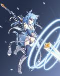  animal_ears armor bell blue_eyes blue_hair cat_ears cat_tail chain chains elbow_gloves facial_mark gloves greaves hair_bell hair_ornament jewelry jingle_bell magic midriff necklace original polearm satomi solo tail thighhighs weapon 