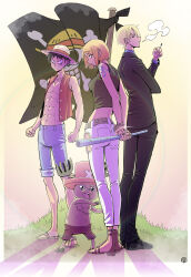  1girl 3boys abs absurdres aimerick animal_ears antlers bangle bare_shoulders belt black_hair black_jacket black_pants black_shirt blonde_hair bracelet cigarette clima-tact closed_mouth deer_ears english_commentary full_body glint gold_bangle grass hat highres holding holding_staff horns jacket jewelry jolly_roger log_pose looking_at_viewer monkey_d._luffy multiple_boys nami_(one_piece) one_piece open_clothes open_vest orange_hair pants pink_hat red_vest reindeer_antlers reindeer_boy sandals sanji_(one_piece) shirt short_hair shoulder_tattoo sleeveless sleeveless_shirt staff standing straw_hat straw_hats_jolly_roger tattoo tony_tony_chopper vest white_pants 