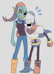  1boy 1girl 2d ^o^ anthro armor black_eyepatch black_tank_top blue_pants blue_shorts blue_skin boots cape clenched_hand closed_eyes colored_sclera colored_skin colored_teeth digital_media ear_fins eyepatch female fins fish fish_girl full_body gloves grey_background grin hand_on_another's_head hand_on_another's_waist head_fins height_difference high_ponytail hip_bones humanoid long_hair male monster monster_boy monster_girl open_mouth ouse_(otussger) pants papyrus_(undertale) ponytail print_armor red_boots red_cape red_gloves red_hair sharp_teeth shorts simple_background skeleton slit_pupils smile spine standing tall_female tank_top teeth third-party_source undead undertale undyne utdr_(toby_fox) white_armor yellow_sclera yellow_teeth yellow_trim 