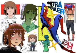  blush brown_eyes brown_hair commentary english_commentary english_text genderswap genderswap_(mtf) hair_between_eyes highres marvel meme peter_parker petra_parker_(otrebot) primusibi short_hair smug spider-man spider-man_(series) spider-woman transgender_flag 