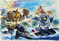  1980s_(style) aeug arm_shield battle bazooka_(gundam) beam_rifle cable day earth_federation energy_gun firing flying flying_armor_(gundam) gouf gouf_flight_type gun gundam gundam_mk_ii holding holding_gun holding_weapon mecha mecha_focus mobile_suit no_humans official_art okazaki_toshio one-eyed_mecha outdoors painting_(medium) retro_artstyle robot scan shoulder_spikes signature smoke spikes standing third-party_source thrusters traditional_media v-fin water weapon zeta_gundam 