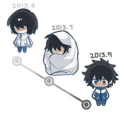  1boy age_comparison chibi chibi_only chinese_commentary commentary_request crying crying_with_eyes_open false_memory guan_chao_(false_memory) gym_uniform highres jacket male_focus no_eyes no_mouth school_uniform shaded_face simple_background tears timeline white_background wrapped_in_blanket zhiwuchangguisanjianshi 