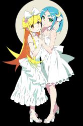  bare_arms bare_shoulders black_border blonde_hair blush_stickers border bow bow_hairband choker collarbone commentary_request crescent crescent_hair_ornament dress elbow_blush expressionless fang flat_chest flipped_hair footwear_bow frilled_bow frilled_choker frills gesugesu_ahoaho green_eyes hair_between_eyes hair_flaps hair_ornament hairband high_heels highres holding_hands interlocked_fingers long_dress long_hair looking_at_viewer medium_dress monogatari_(series) oshino_shinobu parted_bangs pointy_ears ringed_eyes round_border shinigami shoes side-by-side sidelocks simple_background skin_fang sleeveless sleeveless_dress smile star_(symbol) star_hair_ornament strap_slip sundress toes very_long_hair waist_bow watanabe_akio_(style) white_background white_choker white_dress white_hairband white_shoes yellow_eyes 