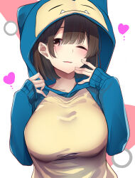  1girl absurdres blue_hoodie blue_sleeves blush breasts character_hood commentary_request fingernails highres hood hood_up hoodie iori_moe large_breasts looking_at_viewer minato_yu one_eye_closed pokemon raglan_sleeves real_life short_hair simple_background snorlax solo taut_clothes two-tone_hoodie upper_body yellow_hoodie 