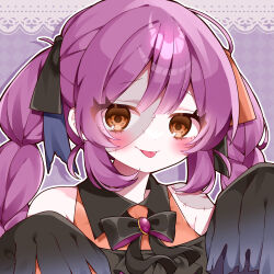  1girl black_bow black_bowtie black_ribbon black_shirt blush bow bowtie commentary_request hair_ribbon halloween halloween_costume highres long_hair long_sleeves omurice_2cm orange_eyes original outline purple_hair ribbon shirt sidelocks sleeves_past_fingers sleeves_past_wrists smile solo tongue tongue_out upper_body white_outline 