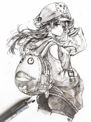  1girl ass backpack bag closed_mouth commentary_request graphite_(medium) greyscale guilty_gear guilty_gear_strive hand_in_pocket hat highres hood hood_down hoodie long_hair looking_at_viewer may_(guilty_gear) monochrome nt50 shorts skull_and_crossbones smile solo traditional_media 