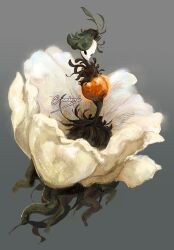  1girl absurdres antennae arthropod_girl black_eyes colored_skin commentary english_commentary flower grey_background highres hollow_knight hollow_knight:_silksong mambapools mask monster_girl nyleth_(hollow_knight) plant_girl simple_background solo white_flower 