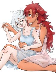  2girls blacktea_ajia commentary_request dated_commentary gundam gundam_suisei_no_majo highres hug hug_from_behind miorine_rembran multiple_girls nightgown red_hair suletta_mercury watermark yuri 