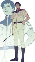  1boy absurdres black_hair collared_shirt dailysarndean dark-skinned_male dark_skin earth_federation earth_federation_space_forces gundam gundam:_hathaway's_flash highres holding holding_whip kenneth_sleg male_focus military_rank_insignia military_uniform shirt solo spiky_hair whip 