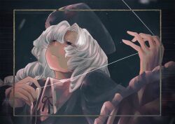  1girl black_eyes black_hat closed_mouth collared_shirt commentary_request curtained_hair hat highres holding holding_string inset_border long_hair long_sleeves night shirt solo string touhou umaieokakitai upper_body white_hair white_shirt yagokoro_eirin 