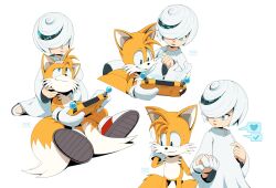  1boy 1girl absurdres animal_ears animal_nose black_eyes blue_eyes body_fur child closed_mouth controller couple cropped_torso dress fox fox_boy fox_ears fox_tail full_body furry furry_male game_controller gloves hair_over_one_eye hand_up hands_up happy highres holding holding_controller holding_game_controller holding_hands indian_style long_sleeves looking_at_another looking_down multicolored_hair multiple_tails multiple_views nic_kenten on_lap one_eye_covered orange_fur own_hands_together playing_games retro_artstyle sage_(sonic) shoes short_hair simple_background sitting sitting_on_lap sitting_on_person smile socks sonic_(series) standing tail tails_(sonic) two-tone_fur two_tails whiskers white_background white_dress white_fur white_gloves white_hair white_socks yellow_fur 