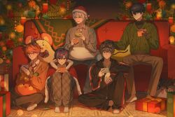  5boys :d aah_haa animal_ears antlers arm_rest barcode barcode_tattoo beads belt belt_buckle black_hair black_headband black_jacket black_pants black_sweater blue_eyes blush brown_belt brown_hair brown_pants buckle cable_knit cape card carpet cat-shaped_pillow christmas christmas_tree collared_shirt colored_inner_hair commentary_request couch crew_neck crossed_bangs curtained_hair cushion d: deer_antlers deer_ears denim double-parted_bangs drawstring fake_antlers fang film_grain full_body fur-trimmed_cape fur-trimmed_headwear fur_trim furrowed_brow gift green_eyes green_sweater grey_shirt hair_beads hair_between_eyes hair_ornament hands_up hat headband headpat highres holding holding_card hood hood_down hooded_jacket horns indian_style indoors iro_cloud jacket jeans knee_up knees_up knit_sweater koyo_tempest legs_together light_frown living_room long_sleeves looking_at_another looking_at_object looking_down male_focus mechanical_arms mole mole_under_eye multicolored_hair multiple_boys neck_tattoo necktie nino_sunday no_shoes on_couch one_eye_closed one_side_up open_collar orange_eyes orange_sweater oto_rainy pants plaid_clothes plaid_pants pom_pom_(clothes) pom_pom_hair_ornament raised_inner_eyebrows red_cape red_necktie reindeer_antlers robo_frostor sad santa_hat shirt short_hair sitting skin_fang skoshism smile socks spread_legs straight-on stuffed_animal stuffed_mouse stuffed_toy sweater tattoo track_jacket track_pants track_suit turtleneck turtleneck_sweater utaite v-neck very_short_hair violet_eyes virtual_youtuber white_hair white_shirt white_socks white_sweater wide-eyed 