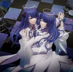  2girls arknights birdcage blue_eyes blue_flower blue_hair blue_rose blue_tongue cage chinese_commentary collared_shirt colored_tongue commentary_request dancing demon_horns detached_wings dress dual_persona energy_wings flower gloves grey_shirt halo highres holding_hands horns jacket lapels long_hair long_sleeves looking_up mostima_(arknights) multiple_girls parted_lips qianxiaxiale rose shirt single_glove sketch_background smile suit_jacket traditional_halo tuxedo unfinished white_dress white_gloves white_jacket wings wrist_bow 
