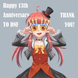  1girl absurdres ahoge anniversary black_choker black_hat black_jacket black_skirt blunt_bangs bow character_request check_character choker collarbone commentary dungeon_and_fighter earrings english_commentary english_text eyelashes female_mage_(dungeon_and_fighter) grey_background hands_on_eyewear hat highres jacket jewelry long_hair long_sleeves magelittlehat mini_hat mini_top_hat open_clothes open_jacket open_mouth orange-tinted_eyewear red_hair red_shirt shirt sidelocks simple_background skirt smile solo spiked_choker spikes star_(symbol) straight-on striped_clothes striped_jacket sunglasses teeth thank_you tinted_eyewear top_hat twintails upper_teeth_only vertical-striped_clothes vertical-striped_jacket yellow-framed_eyewear yellow_bow 