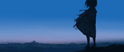  1girl absurdres city_lights clear_sky commentary dusk english_commentary facing_away gracile gradient_sky highres hood hooded_jacket horizon jacket landscape medium_hair original scenery sky skyline solo standing wind 