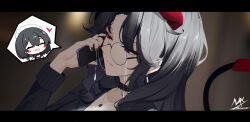  2girls ^_^ absurdres black-haired_demon_girl_(shimmer) black_hair black_jacket black_nails blurry blurry_background blush_stickers cellphone chibi closed_eyes closed_mouth collarbone demon_girl demon_horns demon_tail depth_of_field grin hand_up highres holding holding_phone horns jacket letterboxed light_smile long_hair maid_headdress multiple_girls nail_polish original parted_bangs phone pinstripe_jacket pinstripe_pattern red_eyes shimmer signature smile solo_focus tail 