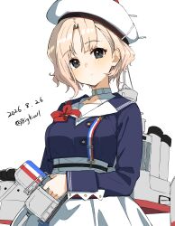  1girl absurdres beret bigkwl black_eyes blonde_hair blue_jacket bow dated hat highres holding jacket kantai_collection looking_at_viewer red_bow rigging short_hair simple_background skirt solo twitter_username upper_body vautour_(kancolle) white_background white_hat white_skirt 