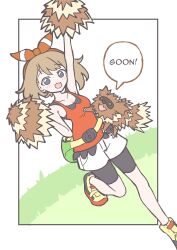  1girl :d arm_up bike_shorts bike_shorts_under_shorts black_shorts blush bow bow_hairband breasts brown_hair camisole commentary_request english_commentary english_text fanny_pack gooning_(phrase) hair_bow hairband highres leg_up looking_at_viewer may_(pokemon) milk_tea_september open_mouth pokemon pokemon_(creature) pokemon_omega_ruby_and_alpha_sapphire pom_pom_(cheerleading) red_bow red_camisole red_hairband shorts smile speech_bubble white_shorts zigzagoon zoomer_slang 
