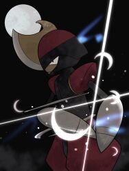  1other arm_blade bisharp black_background commentary_request cowboy_shot facing_to_the_side fake_horns full_moon hand_on_own_hip helmet high_contrast highres horned_helmet horns leaning_forward light_particles moon muted_colors pokemon pokemon_(creature) pokemon_focus red_trim redamber334 shoulder_pads thick_thighs thighs two-tone_helmet weapon 