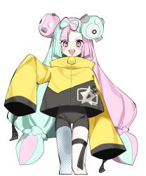  absurdres blush bow-shaped_hair character_hair_ornament commentary criss-cross_halter fake_hair_bun green_hair grey_pantyhose hair_ornament halter_shirt halterneck hexagon_print highres imasalmonboi iono_(pokemon) jacket magnemite magnet multicolored_hair open_mouth oversized_clothes pantyhose pink_eyes pink_hair pokemon pokemon_scarlet_and_violet screw sharp_teeth simple_background single_leg_pantyhose sleeves_past_fingers sleeves_past_wrists split-color_hair teeth two-tone_hair untranslatable_commentary upper_body white_background x_(symbol) yellow_jacket 