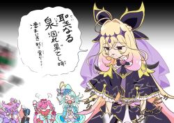 1boy ahoge akechi_anna anger_vein angry antenna_hair aqua_trim arcle_(kuuga) armor belt black_bow black_capelet black_dress blonde_hair blue_hair blue_hat bow braid brooch butterfly_hat_ornament capelet commentary_request company_connection crossover crying cure_answer cure_arcana_shadow cure_eclair cure_mystique diamond_hairband double_bun dress earrings fingerless_gloves frilled_capelet frilled_cuffs frills glove_bow glove_ribbon gloves gradient_hair hair_bow hair_bun hair_intakes hair_ornament hat hat_ornament heart heart_brooch helmet howa_kurea impossible_hair in_the_face jewelry jocxgarden kamen_rider kamen_rider_dcd kamen_rider_diend kamen_rider_kuuga kamen_rider_kuuga_(series) kamen_rider_kuuga_(ultimate_form) kobayashi_mikuru layered_gloves long_hair magical_girl meitantei_precure! midriff moria_luluka multicolored_hair multiple_girls navel open_mouth parted_bangs pink_bow pink_capelet pink_dress ponytail precure purple_capelet purple_dress purple_hair purple_veil purple_wrist_cuffs red_bow skirt slapping speech_bubble spikes toei_company translation_request twin_braids veil very_long_hair white_gloves wing_hair_ornament wrist_cuffs