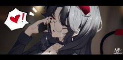  ! 1girl absurdres black_hair black_jacket black_nails blurry blurry_background cellphone collarbone demon_girl demon_horns demon_tail depth_of_field glasses hand_up heart highres holding holding_phone horns jacket letterboxed nail_polish notice_lines original parted_lips phone pinstripe_jacket pinstripe_pattern red_eyes round_eyewear shimmer signature solo spoken_exclamation_mark spoken_heart tail upper_body 