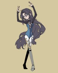  1girl absurdres arms_up athletic_leotard black_hair black_sleeves blue_eyes blue_leotard chinese_commentary commentary_request crossed_legs deformed full_body gymnastics highres kemeo_(losehope078) leotard long_hair mole mole_under_eye pantyhose prosthesis prosthetic_leg reverse:1999 solo standing very_long_hair white_pantyhose willow_(reverse:1999) yellow_background 