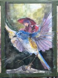  1girl :d absurdres bird bowl bowl_hat commentary_request feathers flying harikona hat highres japanese_clothes kimono long_sleeves looking_ahead mini_person minigirl open_mouth painting_(medium) purple_hair red_eyes riding riding_bird sash smile sukuna_shinmyoumaru touhou traditional_media wide_sleeves 