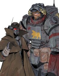  1boy 1other absurdres ammunition_pouch armor beard blue_eyes brown_hair coat commentary duster_coat english_commentary facial_hair fallout fallout:_new_vegas frown gas_mask highres mask milky_onion ncr_trooper ncr_veteran_ranger new_california_republic new_california_republic_flag pointing pointing_at_viewer pouch power_armor sweat vambraces white_background 