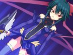  angry black_panties blue_hair detached_sleeves dutch_angle flat_chest gin hair_ribbon kagano_ai magical_girl mahou_shoujo_ai navel panties pantyshot polearm purple_legwear red_eyes ribbon short_dress short_hair solo spear thighhighs turtleneck underwear weapon zettai_ryouiki 