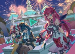  3girls :d absurdres amusement_park aqua_eyes arms_behind_back asymmetrical_wings blue_eyes blurry breasts candy castle cellphone clear_sky commentary cowboy_shot crystal_wings depth_of_field dress english_commentary fangs feet_out_of_frame fireworks food fountain gradient_clothes gradient_dress hair_between_eyes hakos_baelz hakos_baelz_(chaotic_powerful_rat) hanho heterochromia highres holding holding_candy holding_food holding_lollipop holding_phone hololive hololive_dreams hololive_english holopromise irys_(hololive) irys_(nephilim_sonority)_(hololive) knees_together_feet_apart large_breasts lollipop long_hair long_pointy_ears looking_at_phone looking_at_viewer multiple_girls night official_alternate_costume open_mouth ouro_kronii ouro_kronii_(clock_tower_warden) outdoors phone pink_eyes pointy_ears raised_eyebrows sidelocks sitting sky sleeveless sleeveless_dress smartphone smile standing sweatdrop tree virtual_youtuber water white_dress wings 