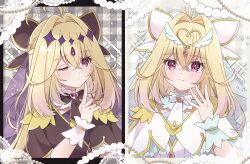  1girl antenna_hair black_bow black_capelet black_dress blonde_hair bow brooch capelet cure_arcana cure_arcana_shadow diamond_hairband dress frilled_capelet frilled_cuffs frills gradient_hair hair_intakes heart heart_brooch highres jewelry long_hair looking_at_viewer magical_girl meitantei_precure! mi_(unjour) moria_luluka multicolored_hair multiple_forms one_eye_closed precure purple_veil purple_wrist_cuffs smile upper_body veil very_long_hair violet_eyes white_capelet white_dress white_veil winged_heart wrist_cuffs 