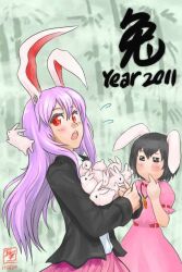  2011 2girls animal animal_ears black_hair blush breasts brown_hair carrot_necklace commentary_request hair_between_eyes holding holding_animal holding_rabbit inaba_tewi jacket jewelry kensaint long_hair long_sleeves looking_at_viewer multiple_girls necklace necktie open_mouth purple_hair rabbit rabbit_ears rabbit_girl red_eyes red_necktie reisen_udongein_inaba shirt short_hair short_sleeves skirt touhou very_long_hair 