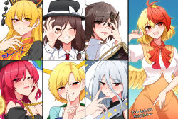  absurdres bare_shoulders black_shirt blonde_hair blue_shirt brown_hair commentary_request dress hecatia_lapislazuli highres iwanaga_ariya junko_(touhou) kicchou_yachie ldschem16 multicolored_hair necktie niwatari_kutaka red_eyes red_hair red_necktie shirt signature touhou usami_renko white_hair white_shirt yellow_dress yuiman_asama 