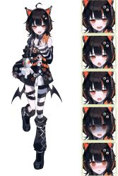  1girl absurdres ahoge animal_ear_headphones animal_ears arm_belt asymmetrical_legwear asymmetrical_sleeves bandaid bandaid_on_leg bare_shoulders bat_wings belt belt_collar black_choker black_hair black_nails black_shoes black_sweater cat_ear_headphones cat_ears cellphone choker collar commentary_request cross-laced_clothes cross-laced_dress eyeball_hair_ornament fake_animal_ears full_body headphones highres holding holding_phone leg_belt long_sleeves looking_at_viewer loose_socks mahou_shoujo_no_majo_saiban multicolored_hair multiple_expressions nail_polish negimasandayo off-shoulder_sweater off_shoulder open_mouth orange_eyes orange_nails orange_streaks phone sawatari_coco sharp_teeth shirt shoes short_hair simple_background single_bare_shoulder single_thighhigh skirt skirt_under_dress skull sleeveless sleeveless_shirt slit_pupils smartphone socks streaked_hair striped_clothes striped_sleeves striped_thighhighs stuffed_animal stuffed_cat stuffed_toy sweater teeth thigh-highs white_background white_shirt white_skirt wings 