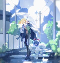  1boy 2girls animal_on_shoulder aqua_(deltarune) aqua_dress aqua_skin bandana blonde_hair blue_sky boxing_gloves cape child clouds cloudy_sky colored_skin covered_eyes crosswalk deltarune dress flowery_(deltarune) hair_wings highres holding holding_umbrella holding_unworn_clothes holding_unworn_jacket jacket lingxiankong1 mouse_(animal) mouse_girl multicolored_vest multiple_girls orange_(deltarune) orange_bandana orange_vest outdoors power_lines rain sky sleeves_past_fingers sleeves_past_wrists slice_of_life two-tone_vest umbrella unworn_cape unworn_jacket utdr_(toby_fox) utility_pole vest yellow_skin 