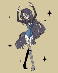  1girl absurdres arms_up athletic_leotard black_hair black_sleeves blue_eyes blue_leotard chinese_commentary commentary_request crossed_legs deformed full_body gymnastics highres kemeo_(losehope078) leotard long_hair mole mole_under_eye pantyhose prosthesis prosthetic_leg reverse:1999 solo sparkle standing very_long_hair white_pantyhose willow_(reverse:1999) yellow_background 