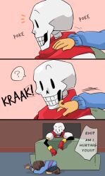  1boy 1other 2017 2d 3koma ? ambiguous_gender armor blue_shorts blue_sweater brown_boots brown_hair cape child comic couch digital_media double_horizontal_stripe duo english_text floor frisk_(undertale) gloves hand_on_another's_shoulder horizontal-striped_clothes human humanoid indoors kneeling kono2noko long_sleeves male monster monster_boy notice_lines papyrus_(undertale) pink_stripes red_cape red_gloves sequential short_hair shorts simple_background skeleton speech_bubble spoken_question_mark striped_clothes striped_sweater sweat sweater tall_image teeth television text translated trembling turning_head two-tone_sweater undead undertale utdr_(toby_fox) white_armor white_background yellow_trim |_| 
