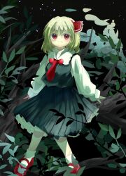  1girl absurdres ascot black_skirt black_vest blonde_hair blush closed_mouth collared_shirt commentary_request hair_ribbon highres looking_at_viewer mary_janes medium_hair mochio_(mochimochi_garage) night pleated_skirt red_ascot red_eyes red_ribbon ribbon rumia shirt shoes sitting sitting_on_branch skirt skirt_set smile solo star_(sky) touhou tree vest white_shirt 