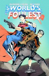  batman_(series) batman_symbol belt black_gloves black_hair blue_eyes bodysuit brown_jacket cape dc_comics gloves grey_bodysuit highres jacket jason_todd male_focus multicolored_bodysuit multiple_boys muscular muscular_male open_clothes pants red_cape red_hood_(dc) red_hood_and_the_outlaws short_hair silver_armor smile superboy-prime superhero_costume superman_(series) superman_logo taut_bodysuit taut_clothes two-tone_bodysuit undertides utility_belt western_comics_(style) 