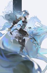  1girl animal arknights blue_hair cyannn dragon_girl dragon_horns holding_sword horse ling_(a_gallant_dream)_(arknights) ling_(arknights) long_hair riding_animal solo weapon 