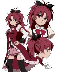 1girl absurdres black_bow bow bowtie commentary_request detached_sleeves dress frilled_dress frills hair_bow hand_on_own_hip highres hoshiringo0902 long_hair long_sleeves magical_girl mahou_shoujo_madoka_magica mahou_shoujo_madoka_magica:_walpurgis_no_kaiten mitakihara_school_uniform multiple_views pink_skirt ponytail puffy_short_sleeves puffy_sleeves red_bow red_bowtie red_dress red_eyes red_hair sakura_kyoko sakura_kyoko_(magical_girl) school_uniform short_sleeves signature simple_background skirt white_background