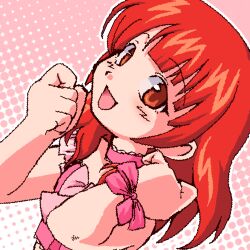  1girl :d bare_shoulders bow choker commentary frilled_choker frills harune_aira highres jaggy_lines kuiyogruut long_hair looking_at_viewer open_mouth pretty_rhythm pretty_rhythm_aurora_dream pretty_series red_eyes red_hair red_theme smile solo striped_blush 