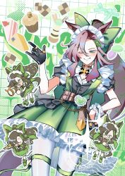 1girl absurdres animal_ear_piercing animal_ears black_choker black_gloves black_shirt blush bow brown_hair cake choker clipboard closed_eyes closed_mouth commentary_request cupcake dress food gloves green_bow green_dress green_eyes hair_between_eyes highres holding holding_clipboard holding_megaphone horse_ears horse_girl long_hair maid maid_headdress megaphone nonda_(user_jrtx4528) one_eye_closed open_mouth pantyhose shirt smile speed_symboli_(umamusume) tail umamusume white_headdress white_pantyhose 