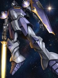  artist_request beam_rifle cable energy_gun gundam gundam_f90 gundam_perfect_file highres mecha mecha_focus mobile_suit nebula neo_zeon no_humans official_art one-eyed_mecha realistic rf_gyan robot science_fiction shield space star_(sky) weapon zero_gravity 
