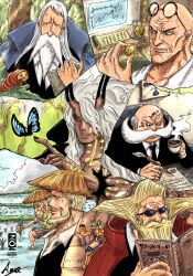  1girl 6+boys armlet bald beard birthmark black_eyes black_nails black_necktie black_suit blonde_hair blue_butterfly body_markings book bug butterfly caterpillar coat coin cup dark-skinned_male dark_skin demon_boy demon_horns den_den_mushi ethan-baron_v._nusjuro eyewear_on_head facial_hair figarland_garling gold_coin gorosei grey_coat hair_over_one_eye hat highres holding holding_book holding_cup holding_pen horns jaygarcia_saturn jewelry long_hair marcus_mars multiple_boys mustache necktie nerona_imu old old_man one_piece pen red_eyes rice_(plant) rice_hat rice_paddy ringed_eyes round_eyewear scroll shepherd_ju_peter shirt short_hair small_sweatdrop smile spiked_armlet suit sunglasses teacup topman_warcury vegapunk_york white_hair white_shirt writing xginrw 