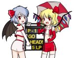  :d bat_wings blonde_hair blue_hair blush_stickers elbow_gloves fang fangs flandre_scarlet gloves midriff multiple_girls no_hat no_headwear open_mouth ponytail race_queen red_eyes remilia_scarlet sakurato_tsuguhi short_hair siblings side_ponytail sisters smile thigh-highs thighhighs touhou umbrella white_legwear white_thighhighs wings 