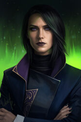  1girl absurdres asymmetrical_bangs black_eyeshadow black_hair cher-ro closed_mouth commentary crossed_arms english_commentary eyelashes eyeshadow green_background green_nails high_collar highres jacket lipstick long_hair makeup nose portrait purple_lips realistic signature violet_eyes 
